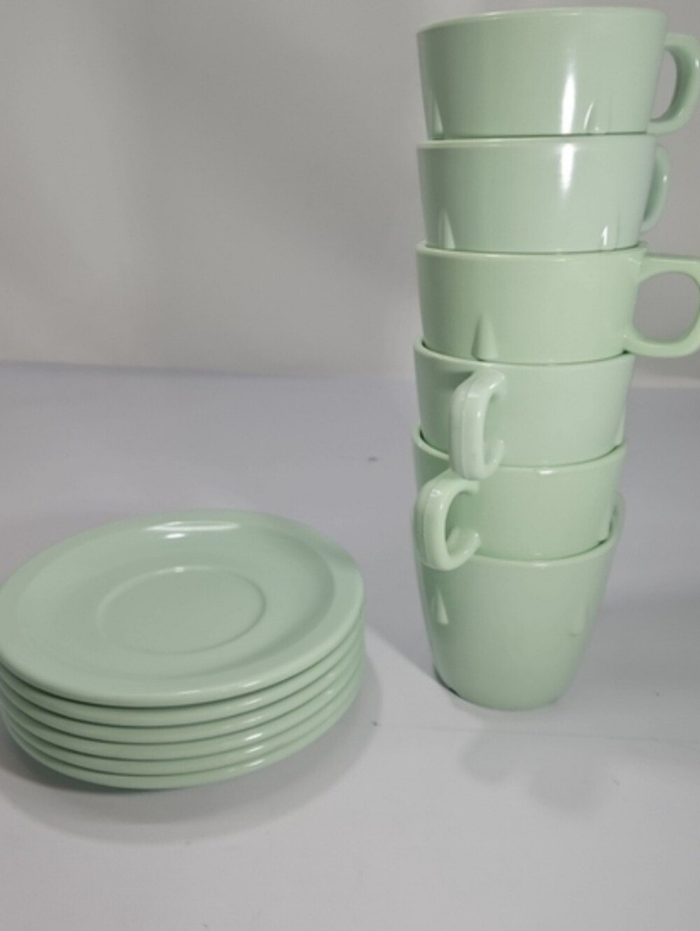 Light Green Ceramic Tea Cup and Saucer Set - 6 Cups with Saucers